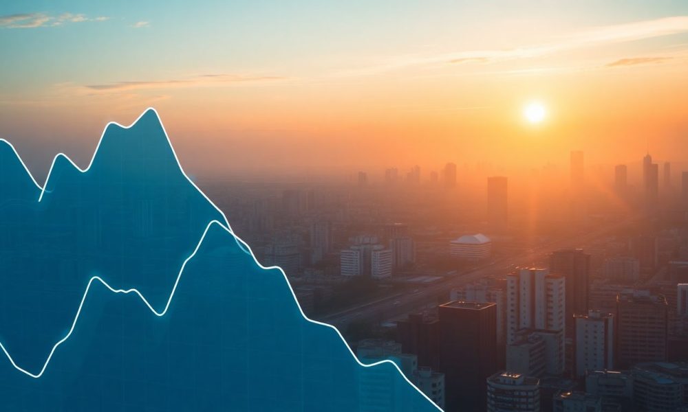 Gráfico de ações do Ibovespa mostrando crescimento em 2025, com o skyline de São Paulo.