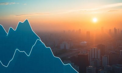 Gráfico de ações do Ibovespa mostrando crescimento em 2025, com o skyline de São Paulo.