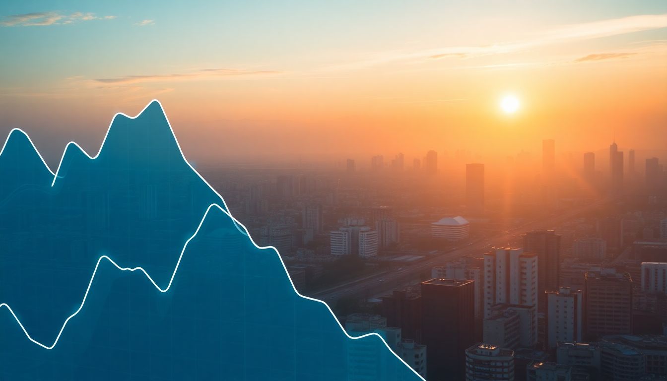 Gráfico de ações do Ibovespa mostrando crescimento em 2025, com o skyline de São Paulo.