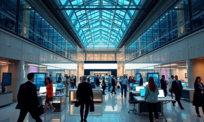 Profissionais diversos trabalhando em um ambiente moderno e dinâmico, simbolizando o Setor de Serviços como motor da economia.