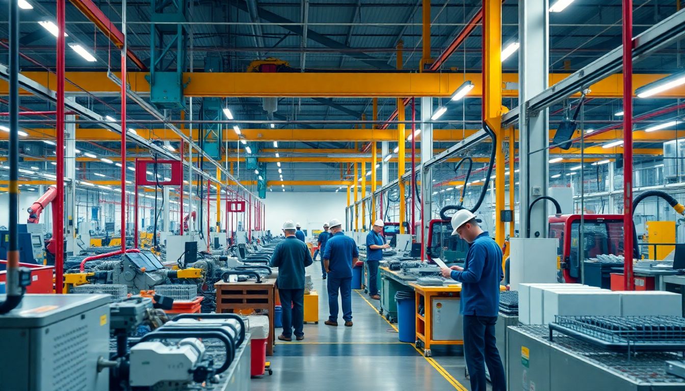 Linha de produção industrial moderna, refletindo as tendências econômicas atuais.