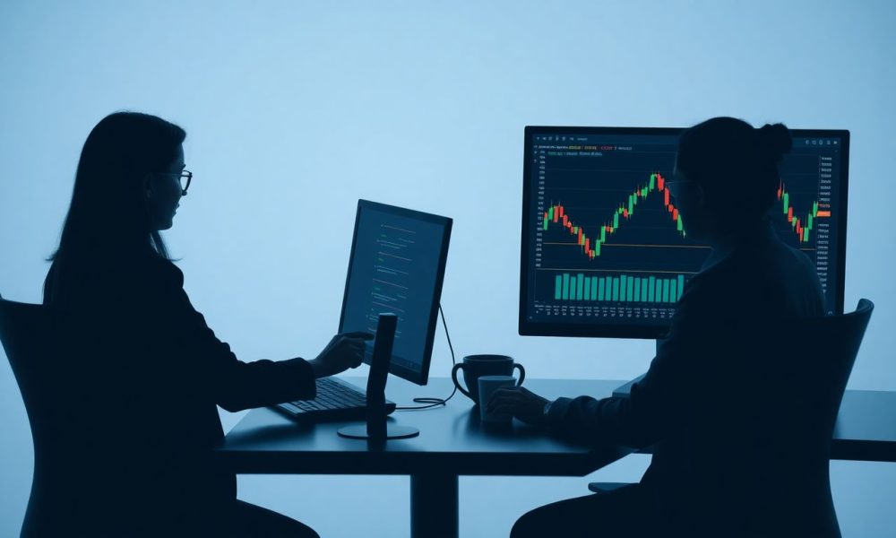 Gráfico da B3 mostrando a variação do mini índice e mini dólar, com investidores analisando as oportunidades de mini contratos futuros.