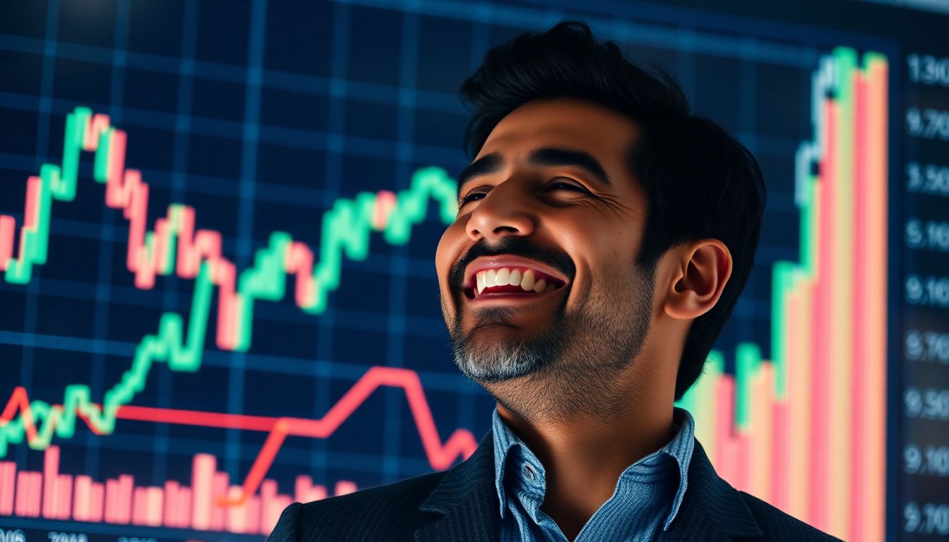 Investidor sorrindo ao analisar o crescimento de suas ações na B3.