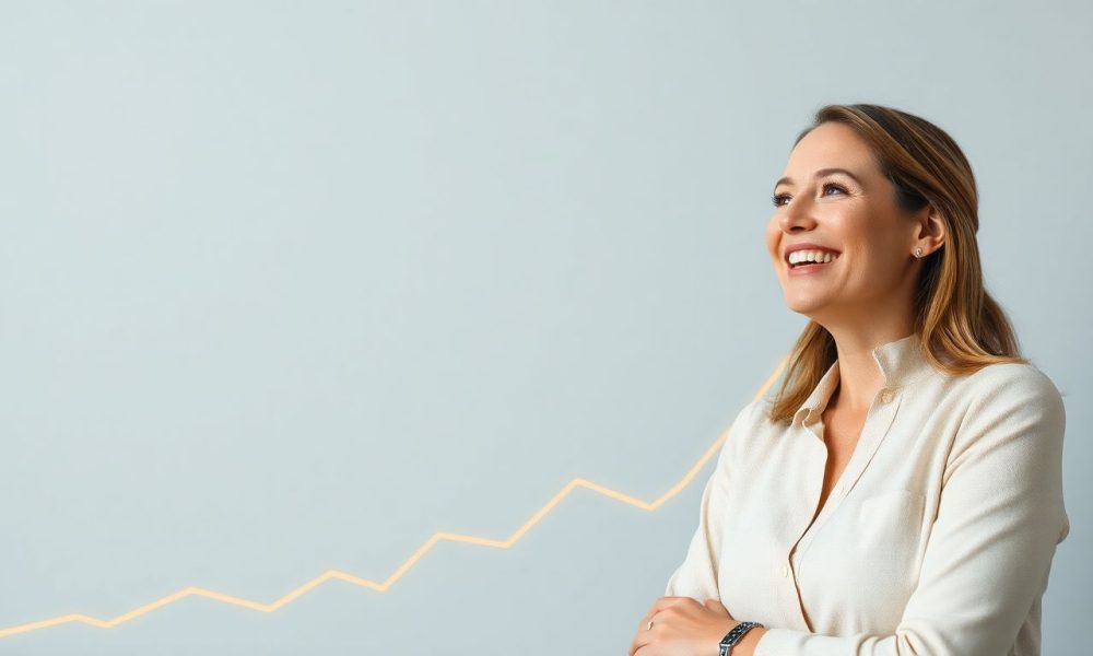 Mulher sorrindo ao ver seus investimentos crescerem na bolsa de valores.