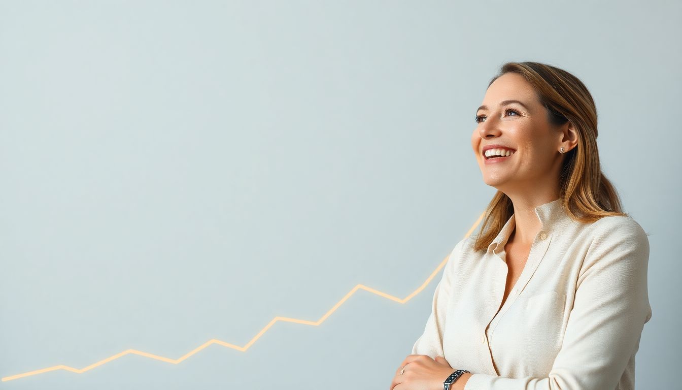 Mulher sorrindo ao ver seus investimentos crescerem na bolsa de valores.