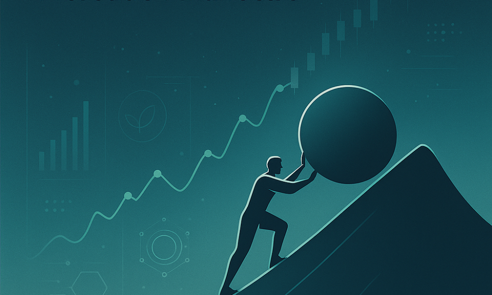 Metáfora visual da luta incessante e repetitiva no mercado financeiro, inspirada na mitologia grega de Sísifo.