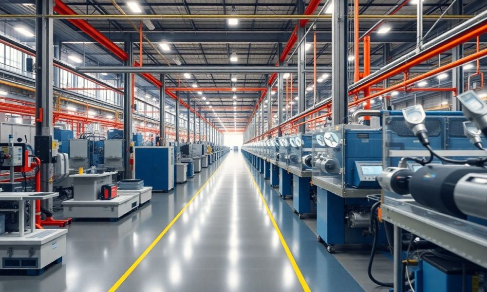 Fábrica com gráficos mostrando o Índice de Preços ao Produtor (IPP) e a inflação ao produtor.