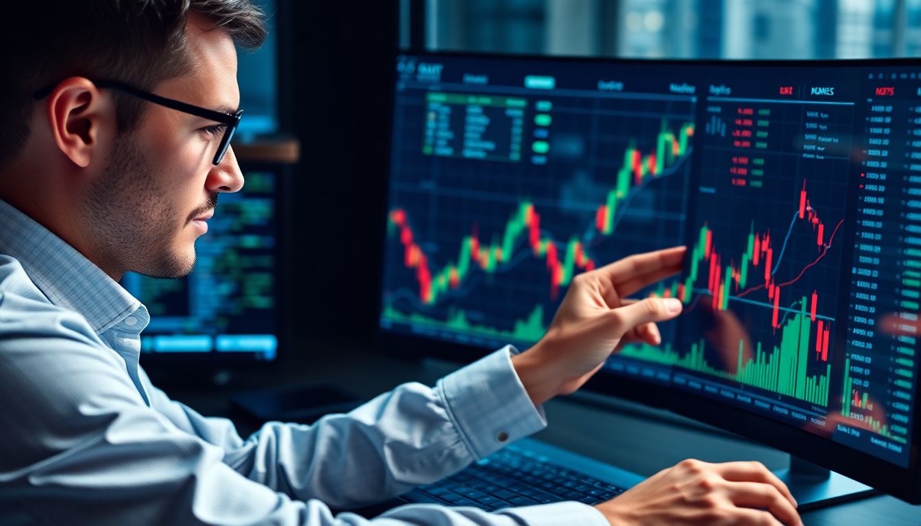 Analista de trading examinando gráficos de mercado com notícias globais