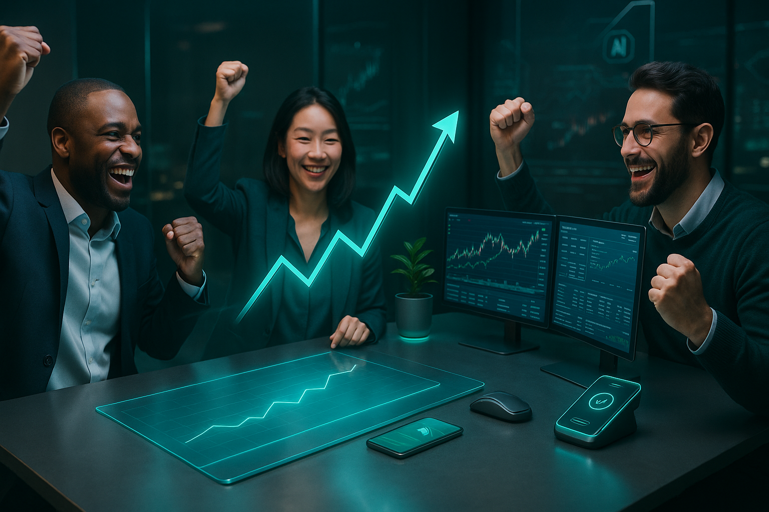 Equipe comemorando desempenho da Carteira Trader IBOV