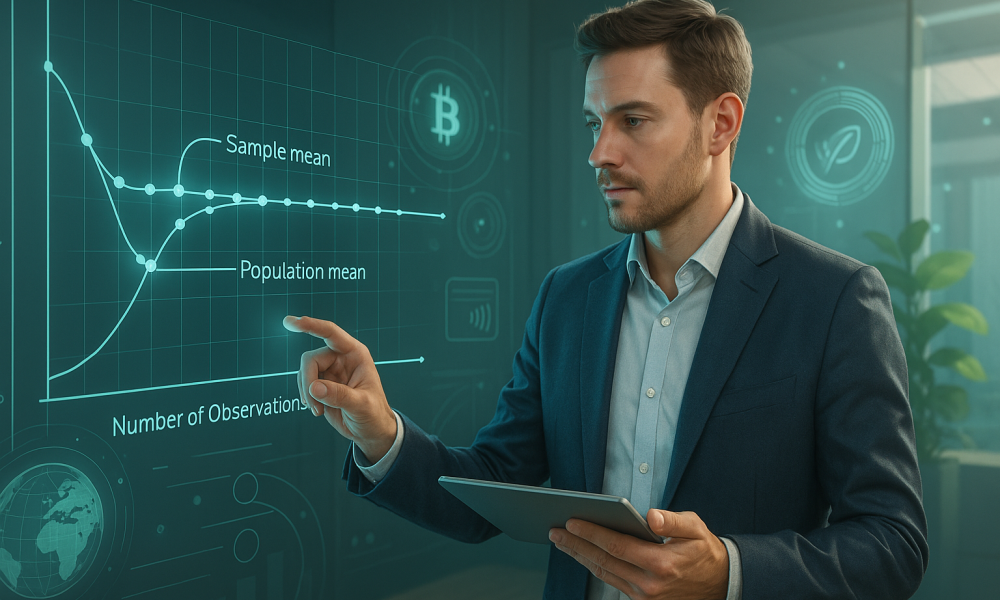 A aplicação da estatística no trading é o que constrói resultados sustentáveis no longo prazo. Gráfico demonstrando a Lei dos Grandes Números no trading.