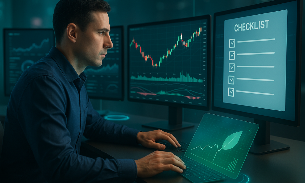 Trader profissional utilizando checklist operacional para garantir disciplina e consistência no mercado.