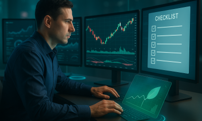Trader profissional utilizando checklist operacional para garantir disciplina e consistência no mercado.