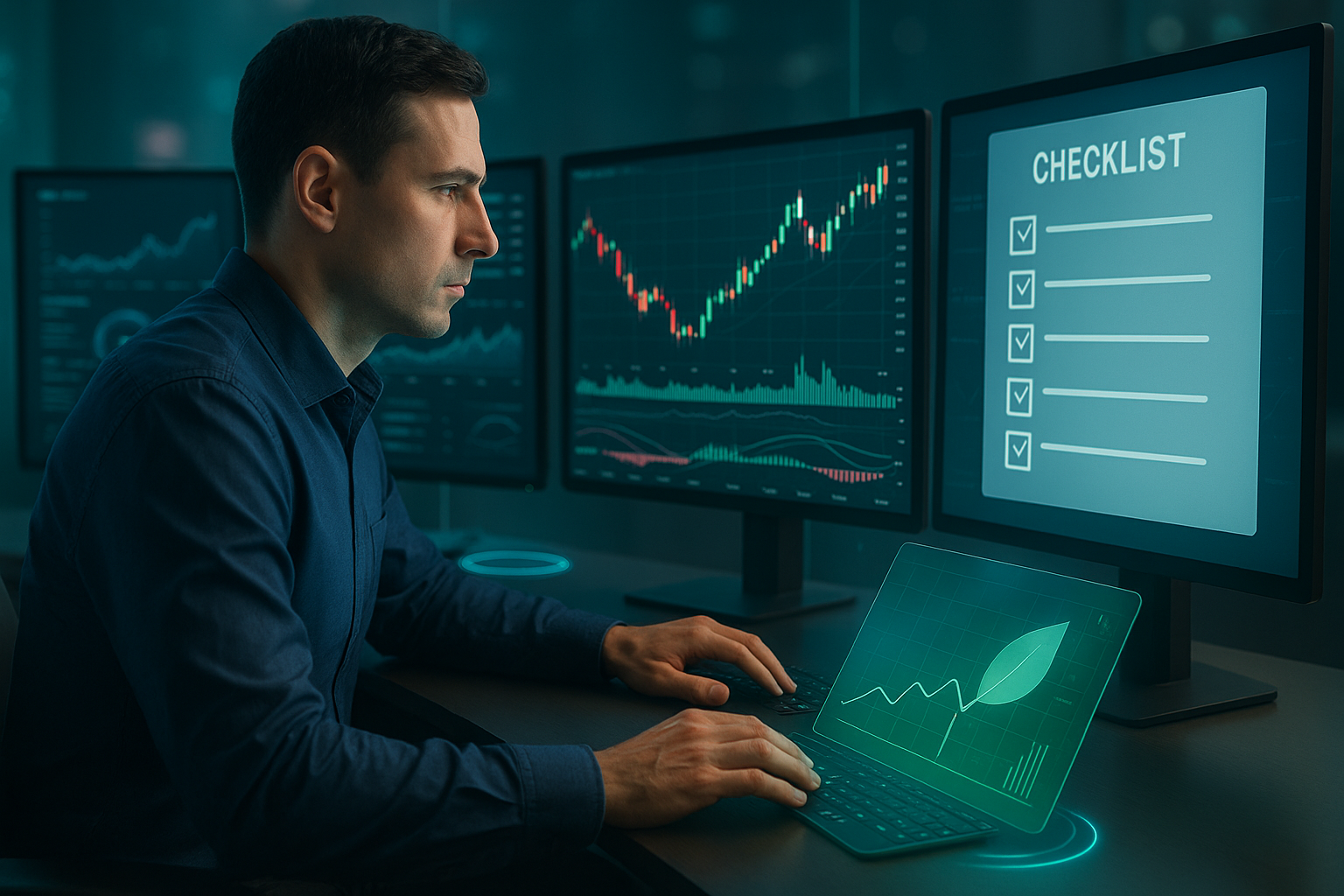Trader profissional utilizando checklist operacional para garantir disciplina e consistência no mercado.