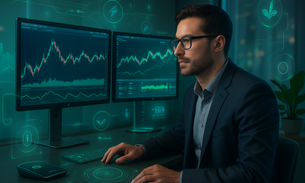 Trader analisando gráfico de performance histórica em tela dupla.