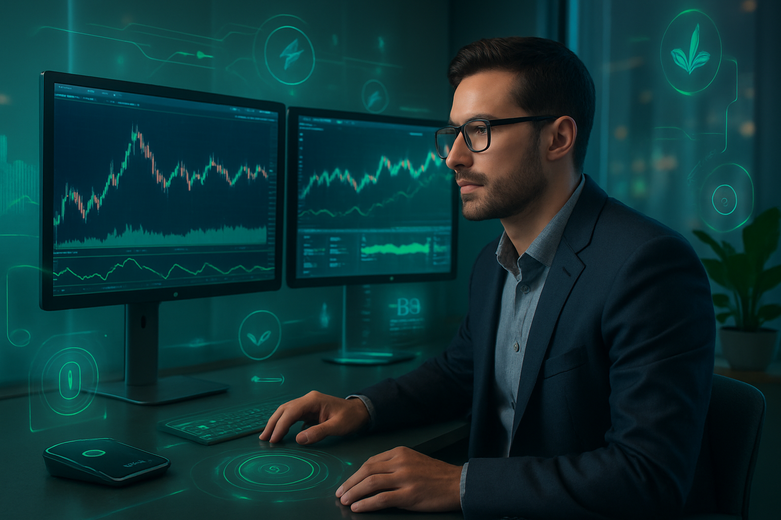 Trader analisando gráfico de performance histórica em tela dupla.