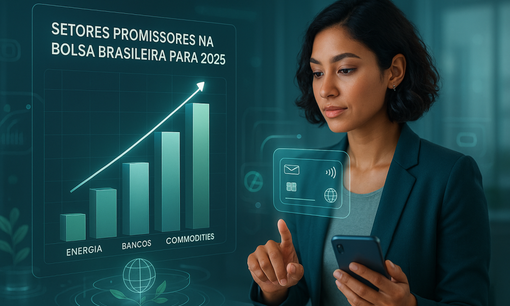 Gráfico ilustrando os setores de energia, bancos e commodities como os mais promissores na Bolsa Brasileira em 2025.