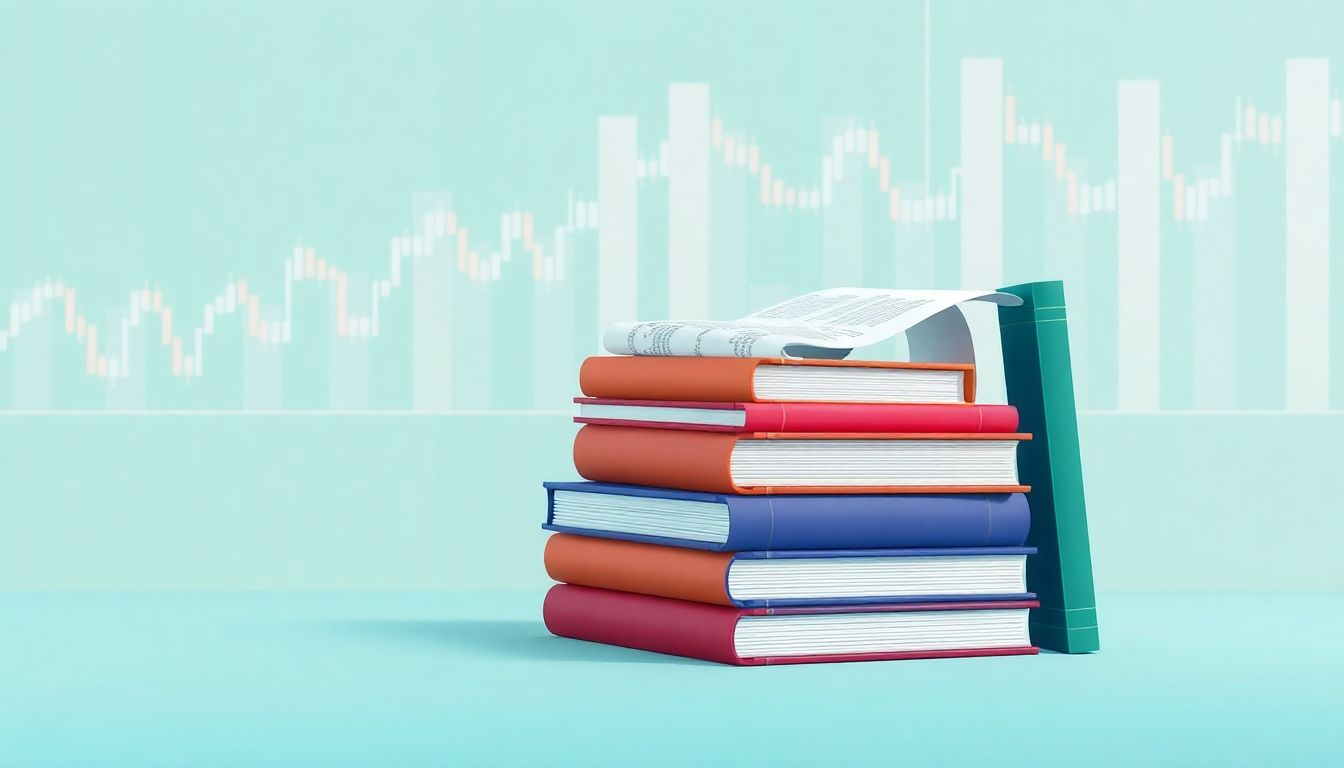 Pilha de livros sobre trading e análise técnica com gráficos de mercado financeiro