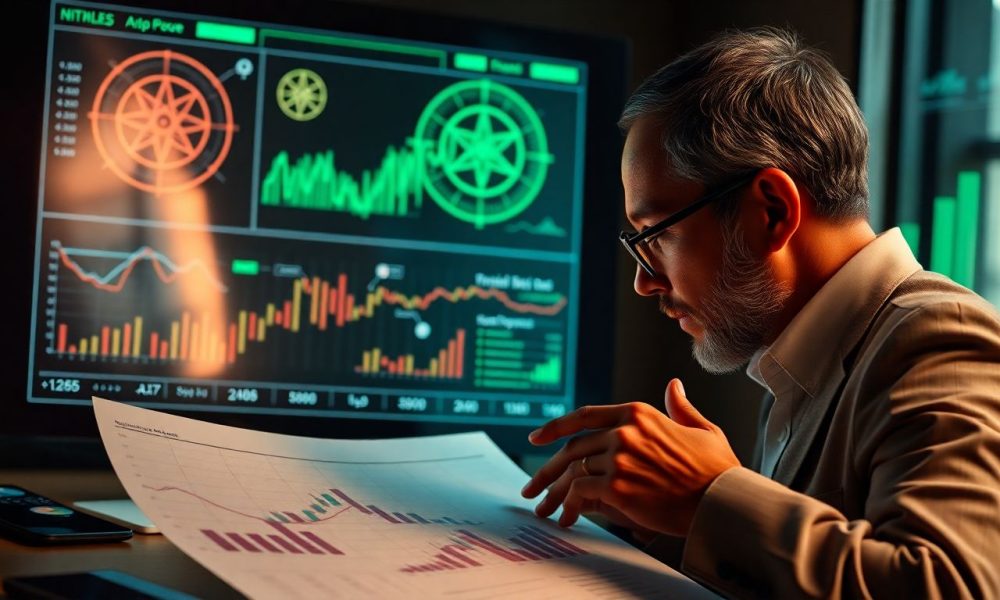 Investidor confiante analisando dados financeiros sem depender de superstições