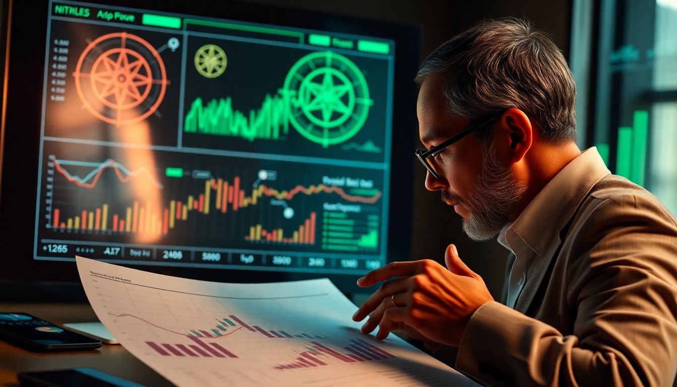 Investidor confiante analisando dados financeiros sem depender de superstições