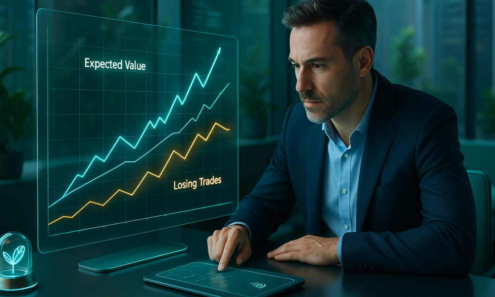 Gráfico com cálculo de expectativa matemática mostrando lucro estatístico em longo prazo no trading