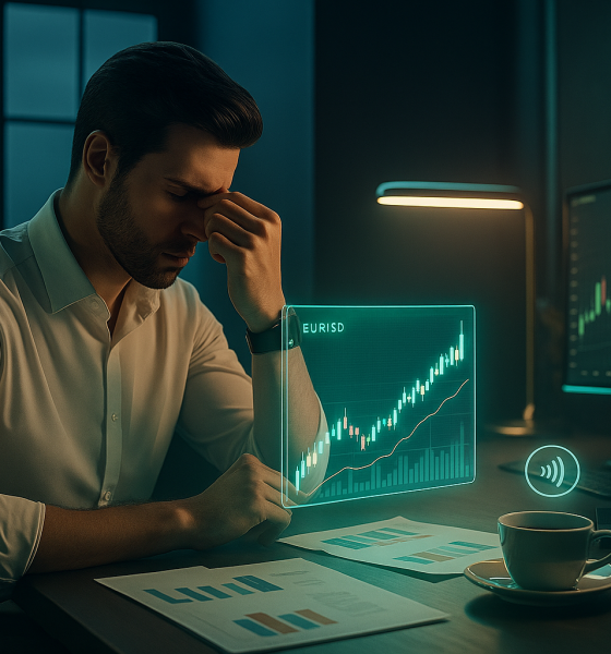 Trader iniciante frustrado olhando gráficos e cometendo erros comuns