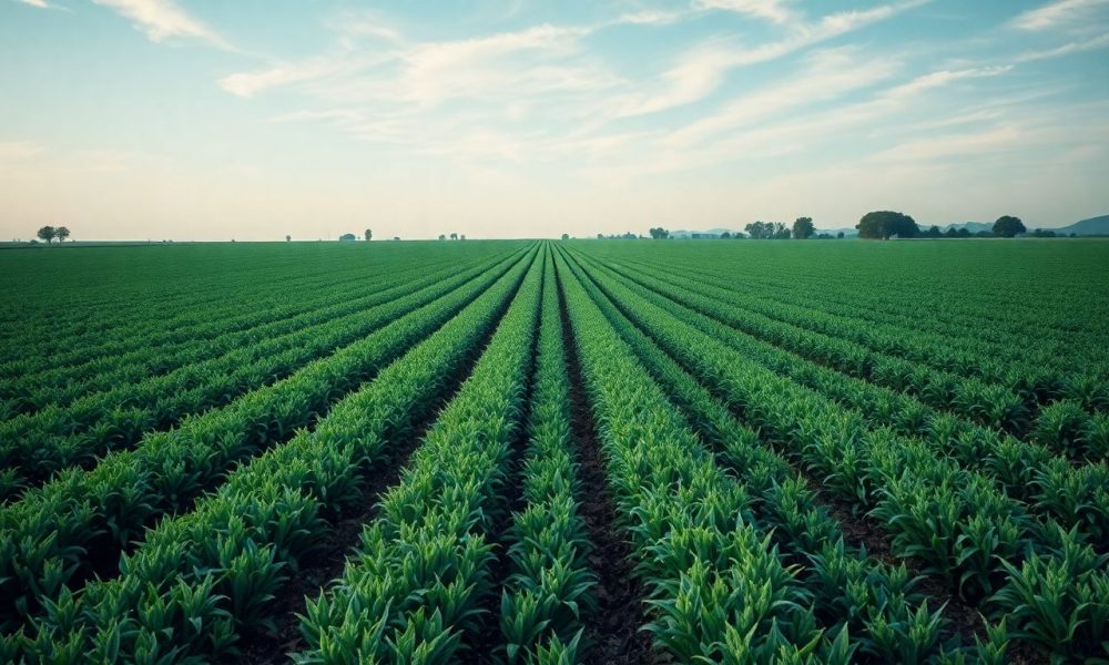 Campos agrícolas com gráficos de investimentos e ativos do setor agro