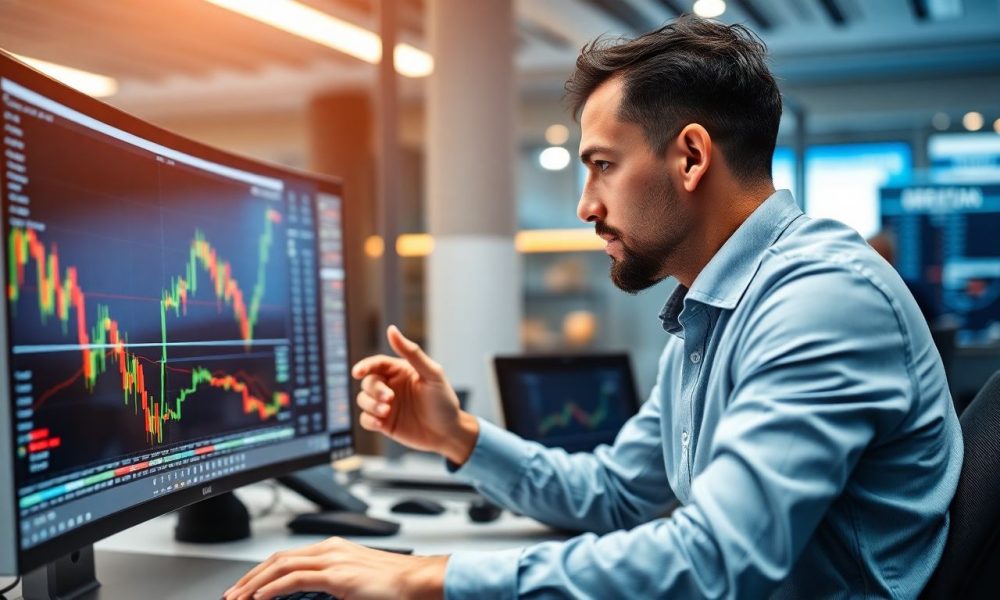 Trader analisando gráfico de ações em alta, representando o trading em ações.