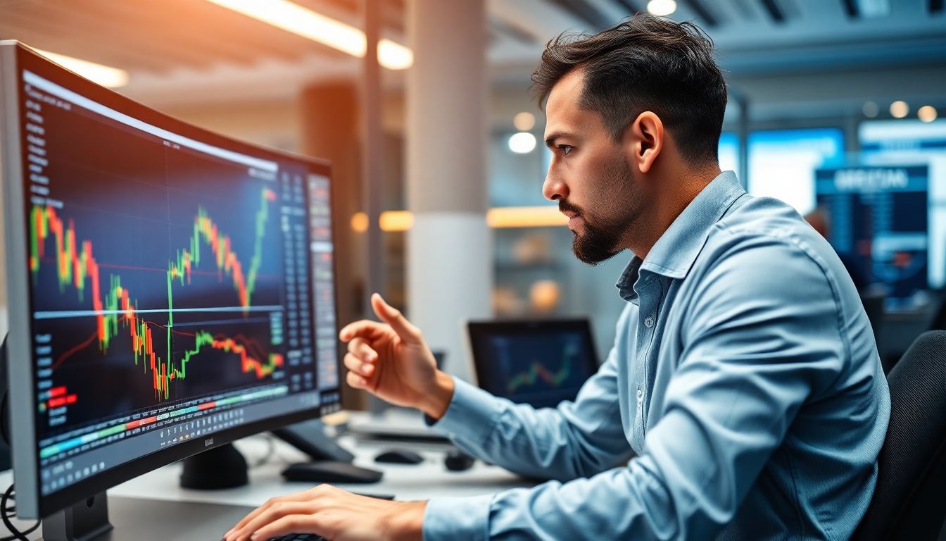 Trader analisando gráfico de ações em alta, representando o trading em ações.