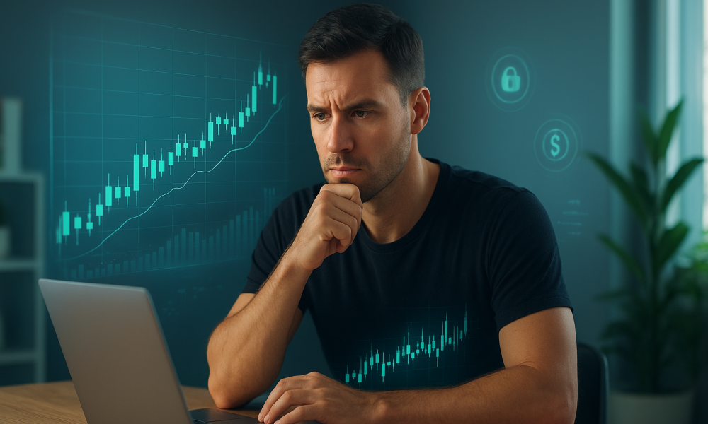 Profissional avaliando gráficos de day trade no home office — reflexão sobre largar o emprego para day trade