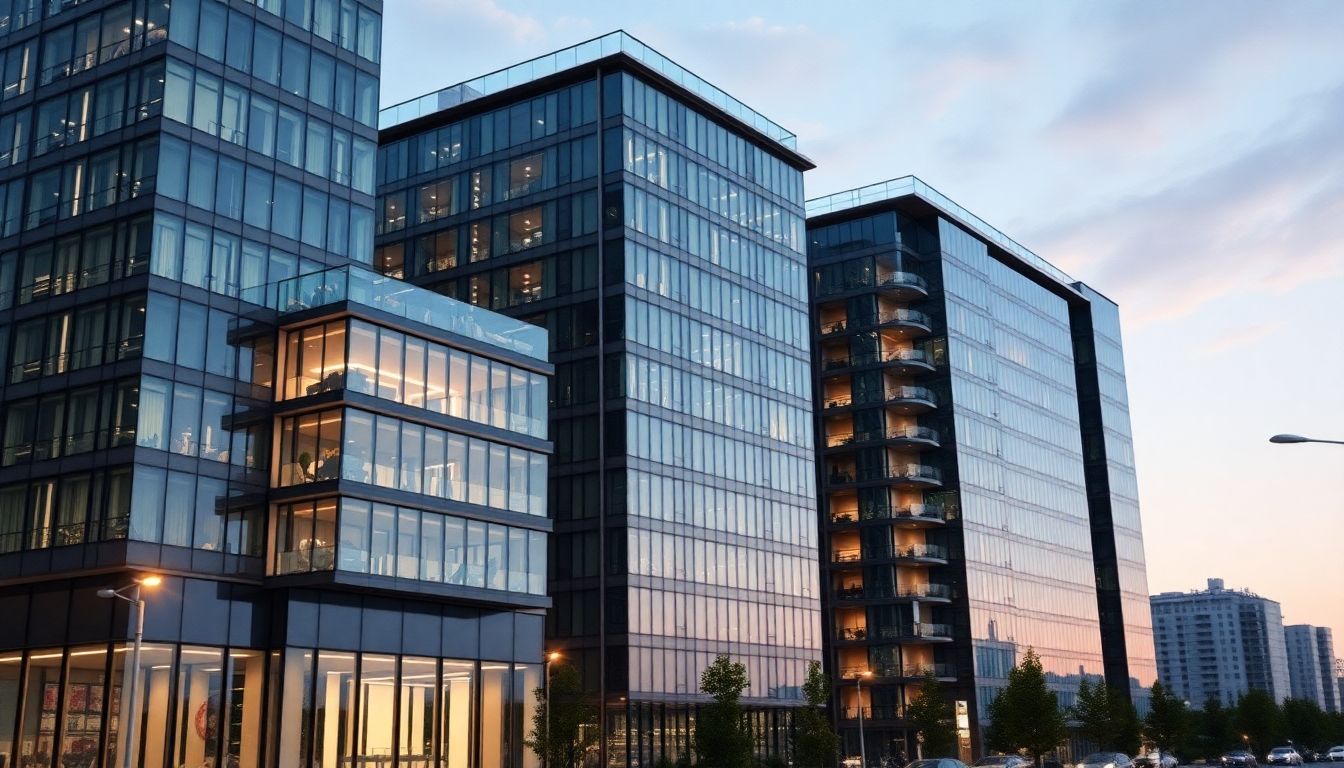 Investidor analisando gráficos e prédios representando Fundos Imobiliários.