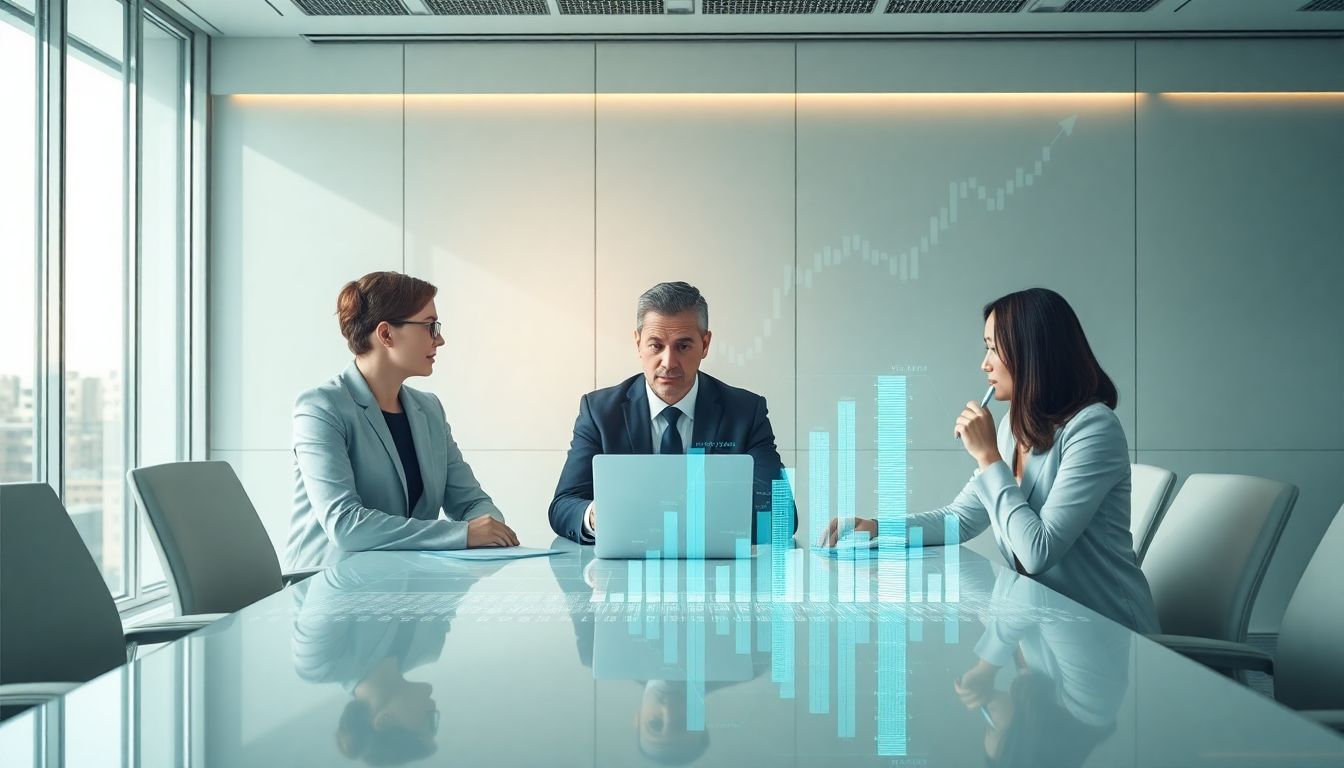 Ilustração de Finanças Comportamentais e Tomada de Decisão mostrando gráficos e discussões para otimização dos investimentos.