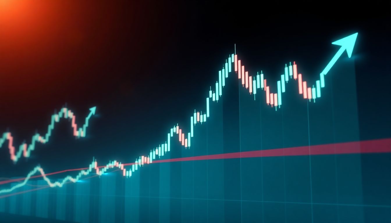 Gráfico de candlestick com indicadores RSI e MACD mostrando momentum ascendente