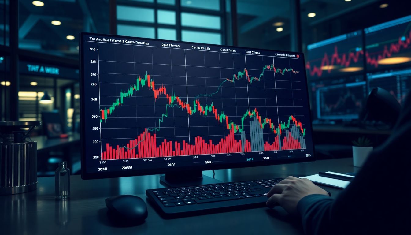 Tela de negociação mostrando gráficos de índices futuros americanos em movimento descendente