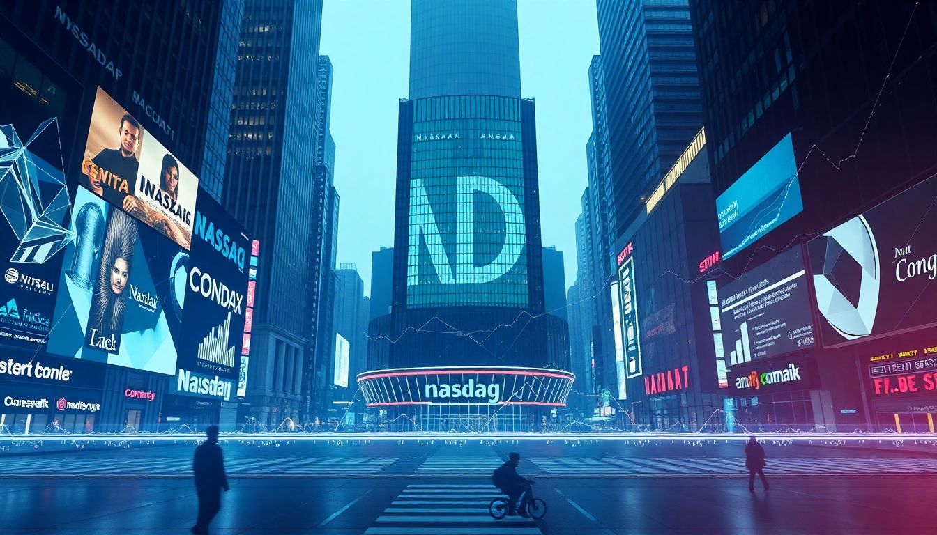 Gráfico mostrando índices futuros em alta com destaque para Nasdaq, Dow Jones e S&P 500