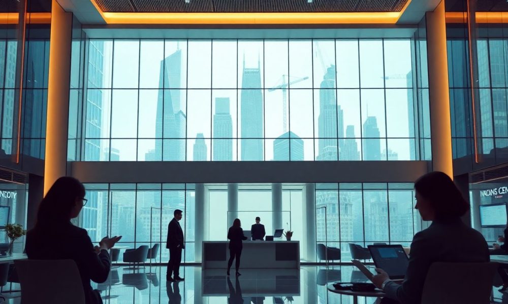 Tela de pregão mostrando gráficos em queda dos índices futuros de Wall Street