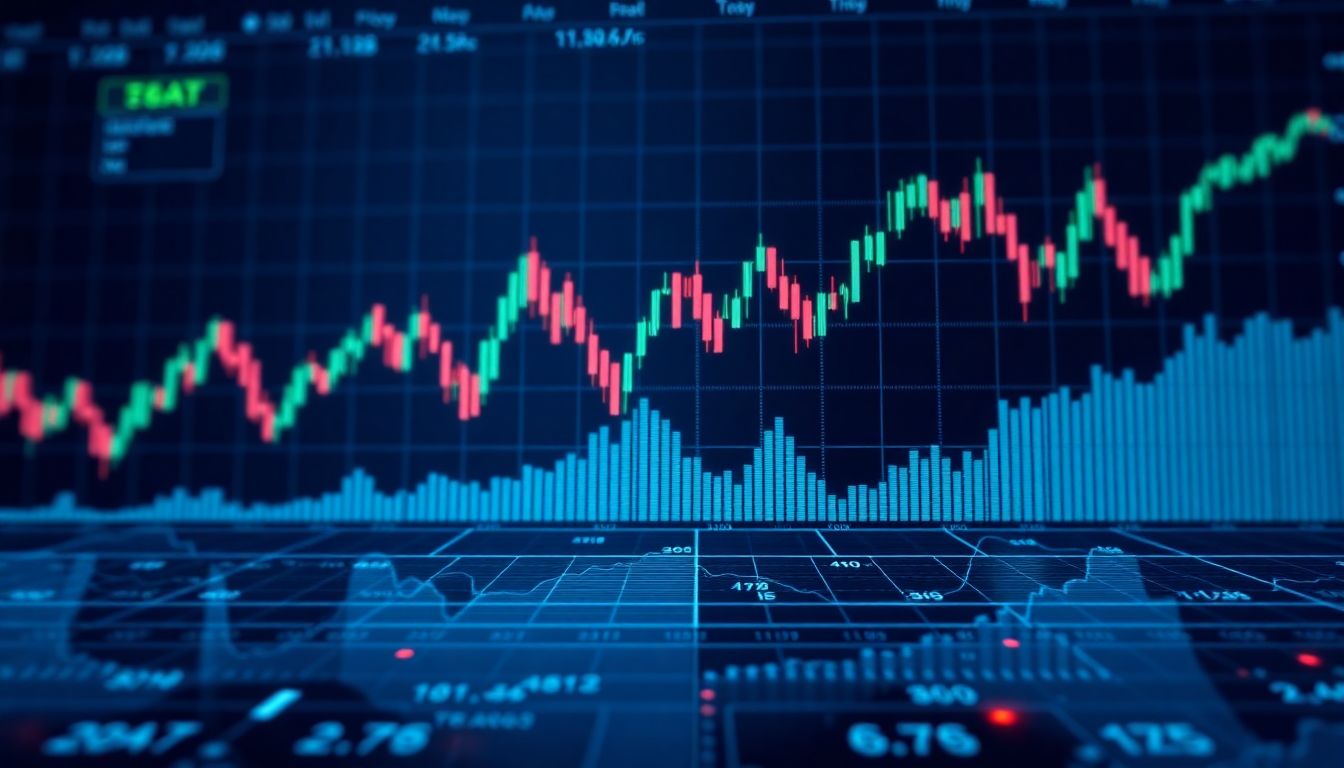 Gráfico de índices futuros dos mercados americanos em alta com telas de trading ao fundo