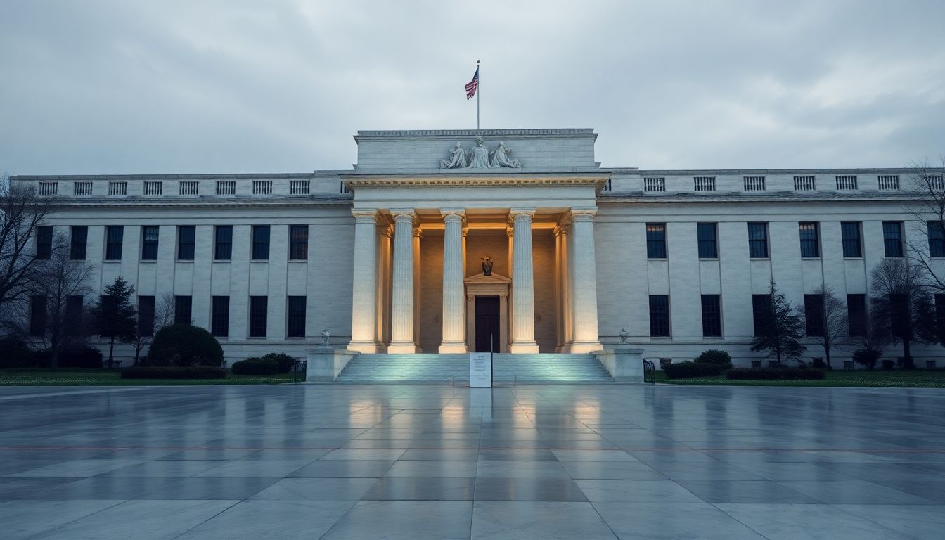 Gráfico mostrando a evolução dos índices futuros americanos (Dow Jones, S&P 500 e Nasdaq) com destaque para setas de alta e ícone do Federal Reserve.