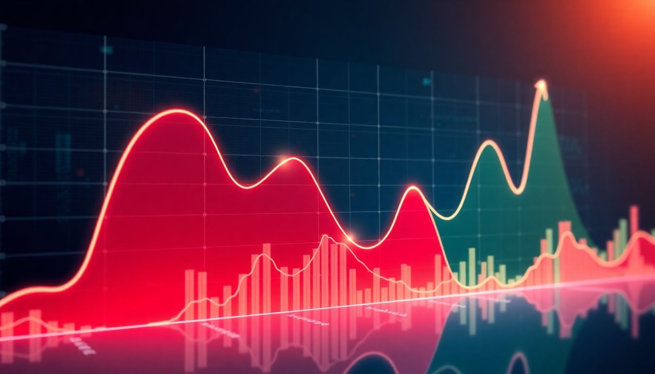 Gráfico dinâmico mostrando curvas ascendentes dos índices S&P 500, Dow Jones e Nasdaq com elementos visuais representando dados econômicos.